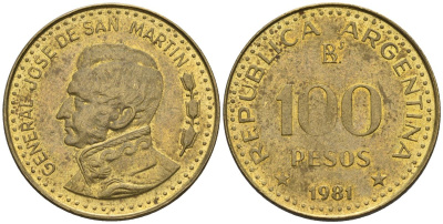 Аргентина 100 песо 1981 Ba, генерал Хосе де Сан Мартин KM 85a, Schon 86a сталь плакированная латунью    60-556