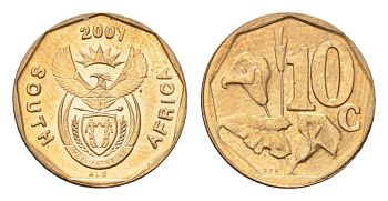 ЮАР 10 центов 2001 герб, цветок алоэ KM 224 сталь плакированная бронзой UNC 4694-814