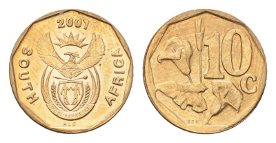 ЮАР 10 центов 2001 герб, цветок алоэ KM 224 сталь плакированная бронзой UNC 4694-814