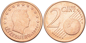 ЛЮКСЕМБУРГ 2 ЕВРОЦЕНТА 2004 ГЕНРИ KM 76 сталь плакированная медью UNC 96-454