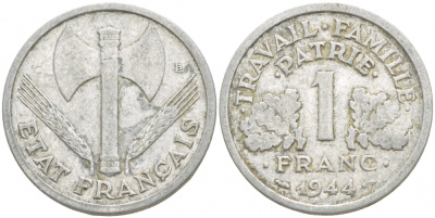 ФРАНЦИЯ 1 ФРАНК 1944 С, ТИП LEGERE, ПРАВИТЕЛЬСТВО ВИШИ KM 902.2, LE FRANC 223.7 алюминий 4541-143
