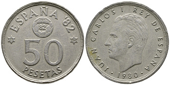 Испания 50 песет 1980 (82) Хуан Карлос, чемпионат мира по футболу Испания 82 KM 819 медно-никель 93-832