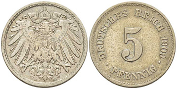 ГЕРМАНИЯ 5 ПФЕННИГОВ 1909 E KM 11, J. 12, Weege 6 медно-никель 206-957