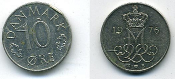 Дания 10 эре 1976 S; B, Маргрете II (1972- ) KM 860.1 медно-никель 54-1154