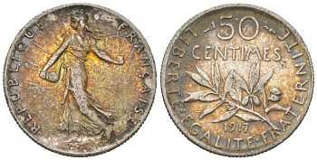 Франция 50 сантимов 1917 KM 854 серебро 4611-1133