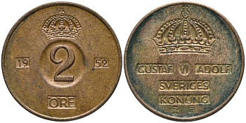 Швеция 2 эре 1952 TS, Густав VI Адольф (1950-1973) KM 821 бронза 202-626