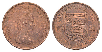 Джерси 2 пенса 1981 год-тип, герб, Елизавета II (1952-2022) KM 47 бронза 4652-533