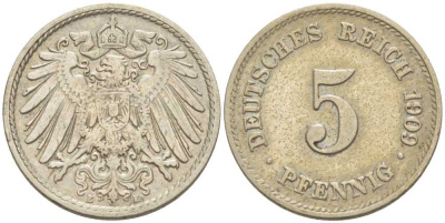 ГЕРМАНИЯ 5 ПФЕННИГОВ 1909 E KM 11, J. 12, Weege 6 медно-никель 206-957