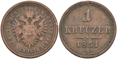 Австрия 1 крейцер 1851 A, Франц Иосиф I (1848-1916) KM 2185 медь 4586-444