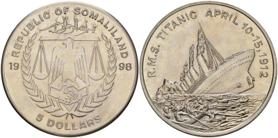 Сомалиленд 5 долларов 1998 крушение "Титаника" X 2 медно-никель UNC 11-082-33