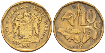 ЮАР 10 центов 1995 цветок KM 135 сталь плакированная латунью 4549-153