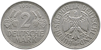 ФРГ 2 марки 1951 D J 386, KM 111 медно-никель плакированный никелем 413-1811