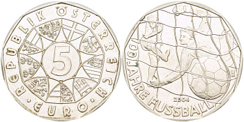 Австрия 5 евро 2004 100 лет австрийскому футболу KM 3113 серебро 114-1024