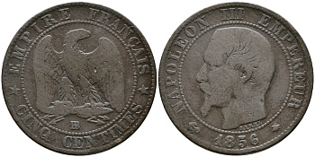 Франция 5 сантимов 1856 BB, Наполеон III (1852-1870) KM 777.3, LA FRANC 116.32 бронза 28-915