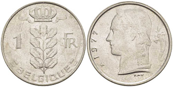 Бельгия 1 франк 1977 Belgique, Бодуэн I (1951-1993) KM 142.1 медно-никель 213-537