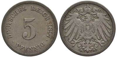 Германия 5 пфеннигов 1897 G KM 11, Jager 12, Weege 6 медно-никель 4547-355