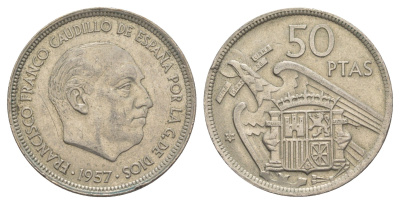 Испания 50 песет 1957 (59) Франсиско Франко (1939-1975) KM 788 медно-никель 4645-513