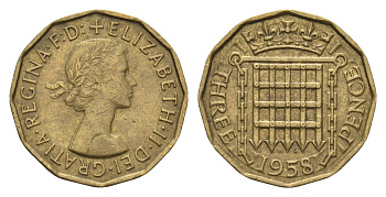 Великобритания 3 пенса 1958 Елизавета II (1952-2022) KM 900, Spink 4153 никель латунь 4699-435