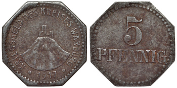 Германия, округ Варбург 5 пфеннигов 1917 Северный Рейн-Вестфалия, нотгельд железо 4119-1112