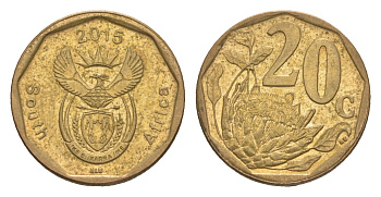 ЮАР 20 центов 2015 герб, цветок протея KM 270 сталь плакированная бронзой aUNC 4380-1032