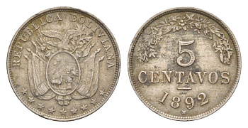 Боливия 5 сентаво 1892 год-тип KM 171 медно-никель 1519-625