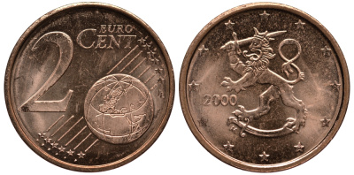 ФИНЛЯНДИЯ 2 ЕВРОЦЕНТА 2000 KM 99 сталь плакированная медью UNC 4181-453