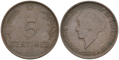 Люксембург 5 сантимов 1930 великая герцогиная Шарлотта (1919-1964) KM 40 бронза 4525-444