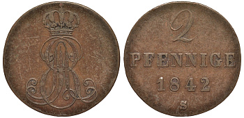 Ганновер 2 пфеннига 1842 S, Эрнст Август (1837-1851) KM 174.2, AKS 123, J. 55 медь 75-1733