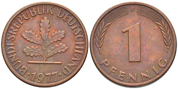 ФРГ 1 ПФЕННИГ 1977 F KM 105, J. 380 сталь плакированная медью 116-368