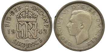 Великобритания 6 пенсов 1942 Георг VI (1936-1952) KM 852, Spink 4084 серебро 4538-456