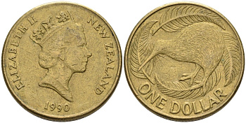 Новая Зеландия 1 доллар 1990 Елизавета II (1952-2022), птица киви KM 78 алюминиевая бронза 29-446