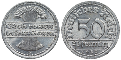 Германия 50 пфеннигов 1920 D KM 27, J. 301, Weege 10 алюминий 4119-525