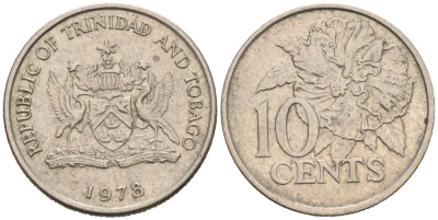 Тринидад и Тобаго 10 центов 1978 цветок гибискуса KM 31 медно-никель 4178-132