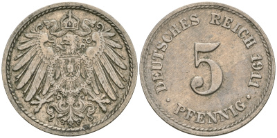 Германия 5 пфеннигов 1911 A KM 11, J. 12, Weege 6 медно-никель 08-1466
