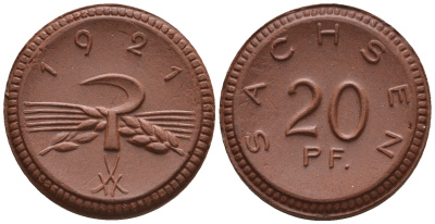 Саксония 20 пфеннигов 1921 колосья и серп J. N 53 фарфор UNC 1094-9-41