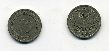 ГЕРМАНИЯ 10 ПФЕННИГОВ 1896 F KM 12, J. 13 медно-никель 35-523