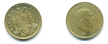 Испания 1 песета 1966 (74) Франсиско Франко (1939-1975) KM 796 алюминиевая бронза 80-1115