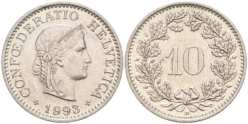 ШВЕЙЦАРИЯ 10 РАППЕНОВ 1993 В KM 27 медно-никель 55-536