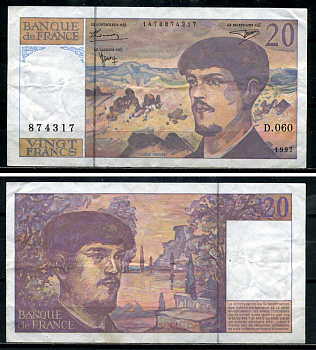 Франция 20 франков 1997 Клод Дебюсси, signatures: Bruneel / Bonnardin / Barroux Pick 151i бумага 8590-6-3-1