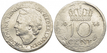 Нидерланды 10 центов 1948 Вильгельмина (1895-1948) KM 177 никель 112-262