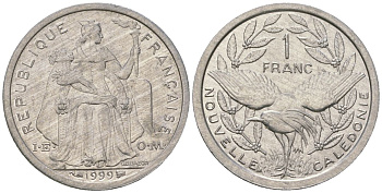 Французская Новая Каледония 1 франк 1999 птица кагу, (IEOM) KM 10, Schoen 10, Lec 52d алюминий 41-832
