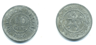 БЕЛЬГИЯ 10 САНТИМОВ 1916 BELGIQUE-BELGIE, ГЕРМАНСКАЯ ОККУПАЦИЯ, ПЕРВАЯ МИРОВАЯ ВОЙНА KM 81 цинк 25-243