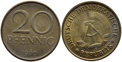 ГДР 20 пфеннигов 1969 А, первый год KM 11 латунь UNC 73-1034