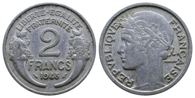 Франция 2 франка 1948 KM 886a.1 алюминий 261-723