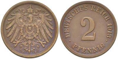 Германия 2 пфеннига 1913 F KM 16, J. 11, Weege 4 медь 206-641