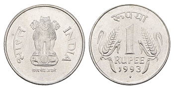 Индия 1 рупия 1993 монетный двор Ромб KM 92.1 нержавеющая сталь UNC 4650-1057