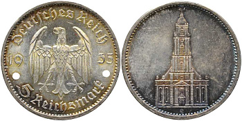 ГЕРМАНИЯ 5 РЕЙХСМАРОК 1935 E, КИРХА KM 83, J. 357 серебро 1515-1713