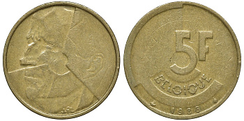 БЕЛЬГИЯ 5 ФРАНКОВ 1986 BELGIQUE KM 163 латунь или алюминевая бронза 72-1227