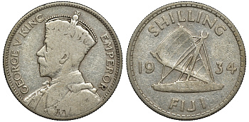 Фиджи 1 шиллинг 1934 Георг V (1910-1936), парусник KM 4 серебро 91-944