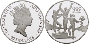 Австралия 20 долларов 1993 Олимпийские игры 1996, пьедестал, 100 лет Олимпийскому движению (1896-1996) KM 218 серебро PROOF 1078-2-24